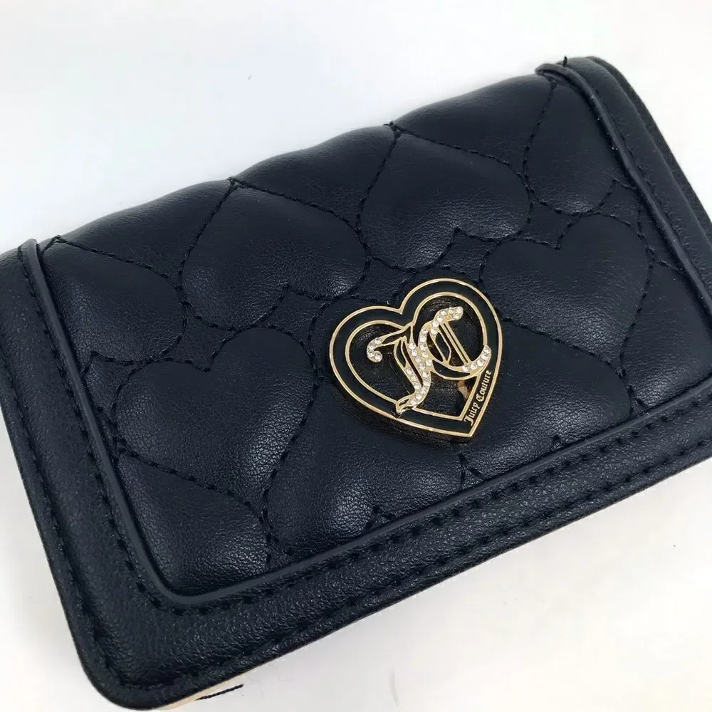 Juicy Couture Black Heart Quilted Monogram Heart Card Case Mini Snap Wallet